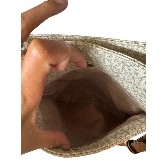 Michael Kors Jet Set Crossbody MK Logo Canvas Tan Leather Zip w/ Dust Bag - Picture 7 of 15